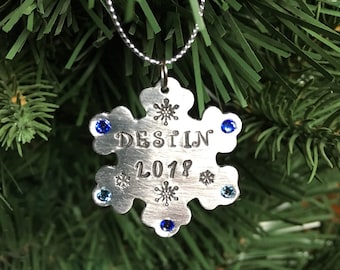 Hand stamped personalized metal snowflake ornament with crystals and custom name and date