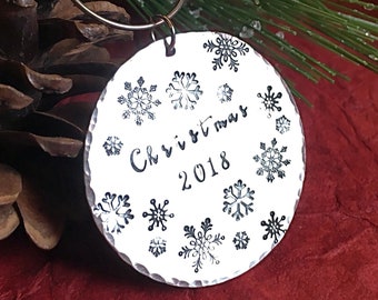 Hand stamped metal Christmas Ornament with Snowflakes and Date, Holiday Gift Idea,