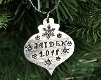 Hand stamped personalized metal ornament