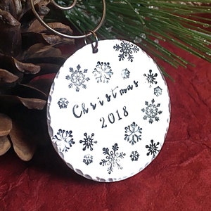 Hand stamped metal Christmas Ornament with Snowflakes and Date, Holiday Gift Idea, image 1