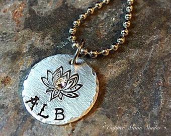 Hand stamped Lotus Necklace, Monogram Necklace, Initial Necklace, Name Necklace, Personalized Jewelry, Birthstone Necklace, Birthday Jewelry