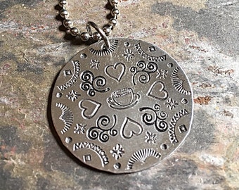 Hand stamped mandala necklace with coffee theme on ball chain