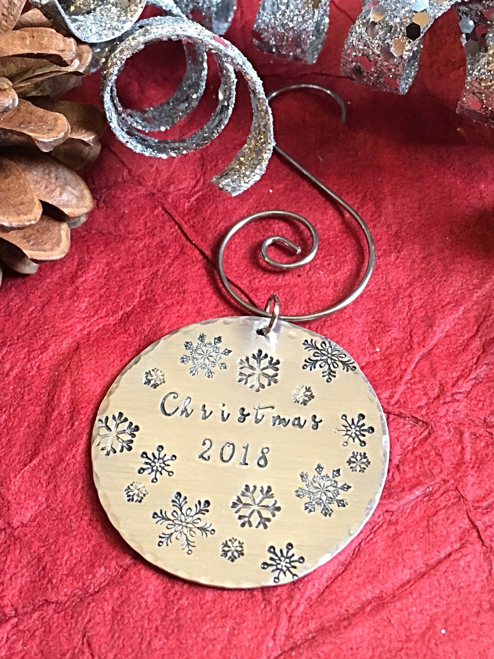 Hand stamped metal Christmas Ornament with Snowflakes and Date, Holiday