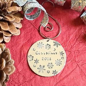 Hand stamped metal Christmas Ornament with Snowflakes and Date, Holiday Gift Idea, image 4
