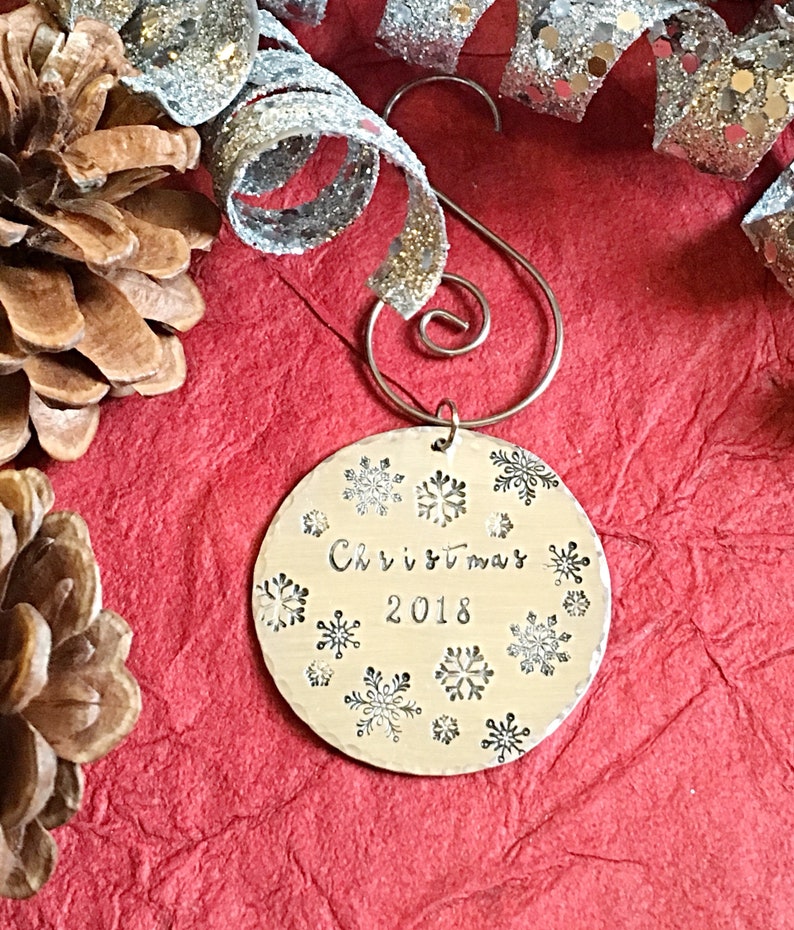 Hand stamped metal Christmas Ornament with Snowflakes and Date, Holiday Gift Idea, image 4