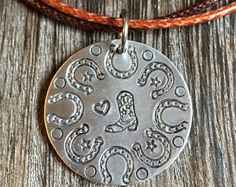 Country girl cowgirl mandala hand stamped necklace