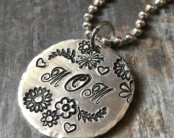 Hand Stamped Mom Necklace with flowers