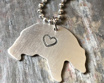 Hand Stamped Bear Necklace with Heart, Mom Necklace,