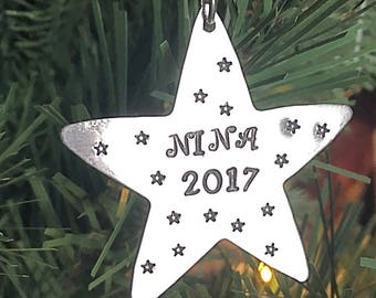 Hand stamped Personalized Metal Star Ornament, Christmas Gift