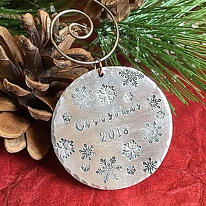 Hand stamped metal Christmas Ornament with Snowflakes and Date, Holiday Gift Idea, image 8