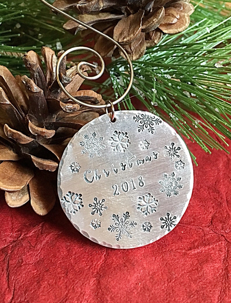 Hand stamped metal Christmas Ornament with Snowflakes and Date, Holiday Gift Idea, image 8