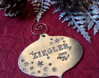 Hand Stamped Metal Holiday Christmas Name Ornament Personalized Custom Snowflakes Gift Date
