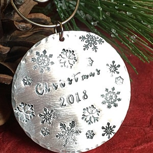 Hand stamped metal Christmas Ornament with Snowflakes and Date, Holiday Gift Idea, image 3