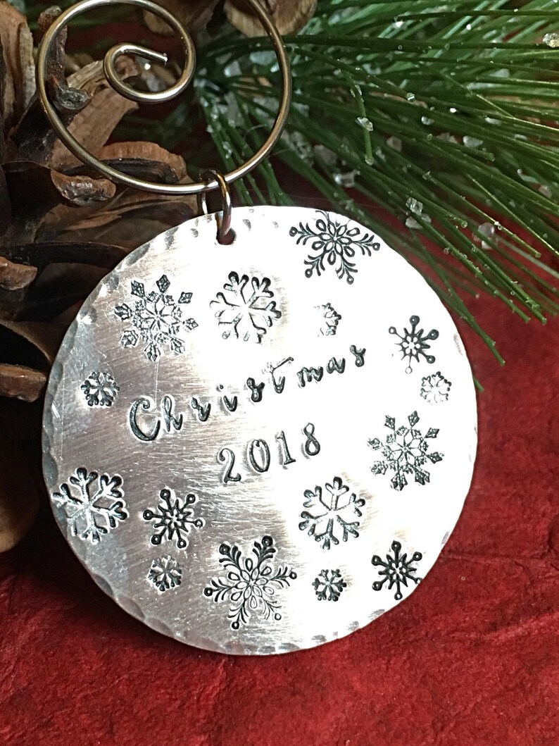 Hand stamped metal Christmas Ornament with Snowflakes and Date, Holiday Gift Idea, image 3