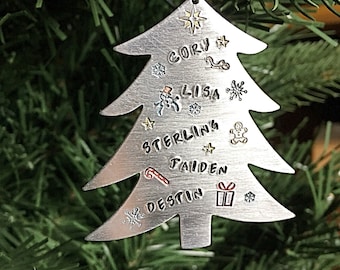 Personalized Hand Stamped metal Christmas Tree Ornament, Family ornament, Holiday decoration, custom ornament,