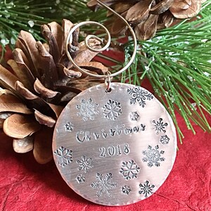 Hand stamped metal Christmas Ornament with Snowflakes and Date, Holiday Gift Idea, image 6