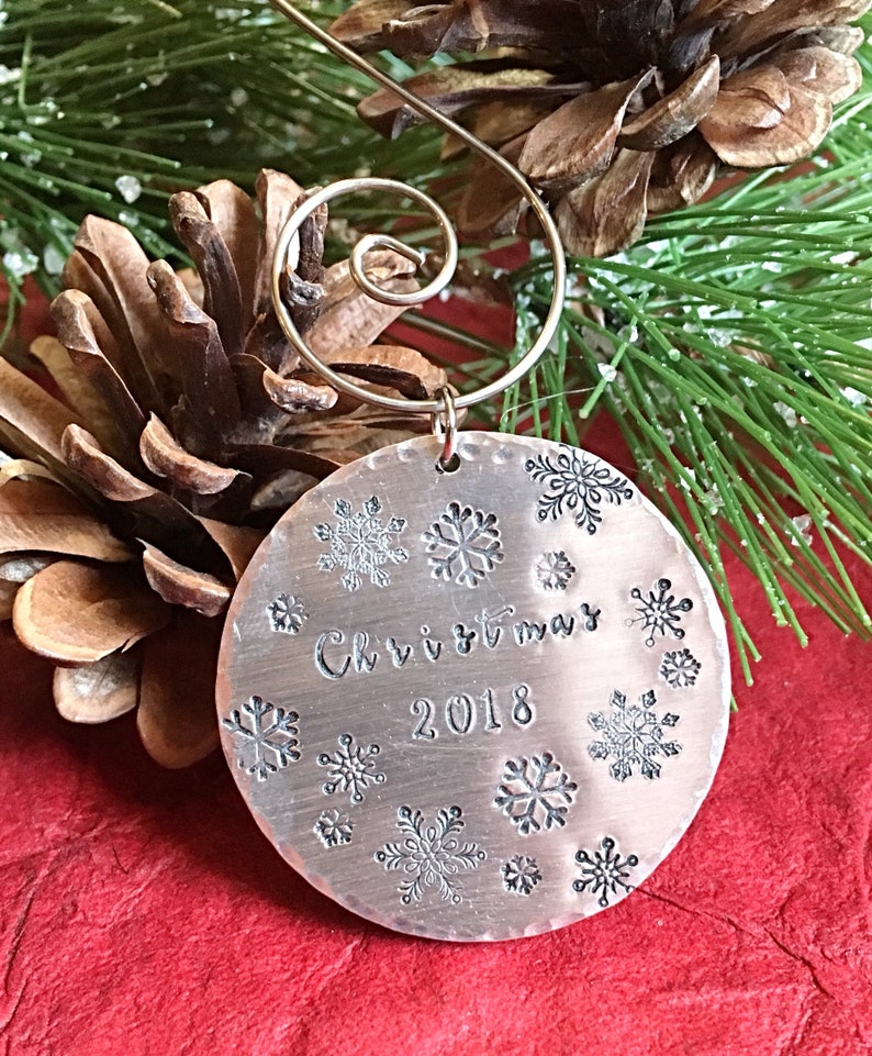 Hand stamped metal Christmas Ornament with Snowflakes and Date, Holiday Gift Idea, image 6