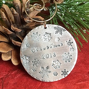 Hand stamped metal Christmas Ornament with Snowflakes and Date, Holiday Gift Idea, image 9