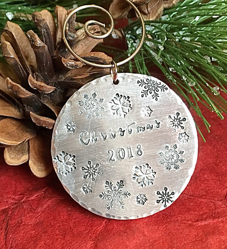 Hand stamped metal Christmas Ornament with Snowflakes and Date, Holiday Gift Idea, image 9