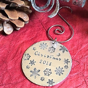 Hand stamped metal Christmas Ornament with Snowflakes and Date, Holiday Gift Idea, image 5