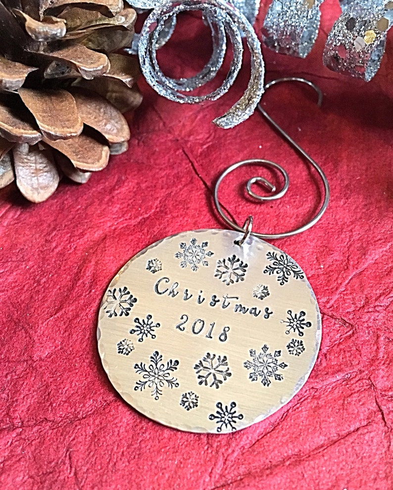 Hand stamped metal Christmas Ornament with Snowflakes and Date, Holiday Gift Idea, image 5