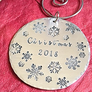 Hand stamped metal Christmas Ornament with Snowflakes and Date, Holiday Gift Idea, image 7