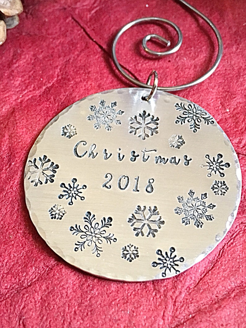 Hand stamped metal Christmas Ornament with Snowflakes and Date, Holiday Gift Idea, image 7