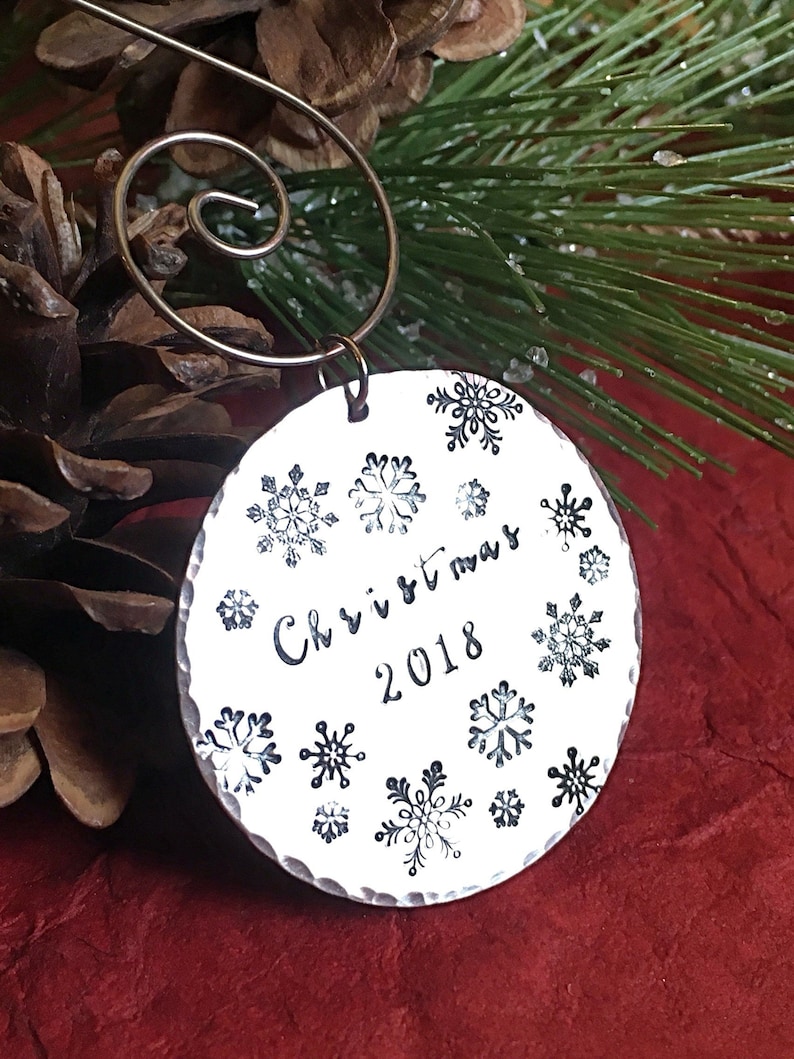 Hand stamped metal Christmas Ornament with Snowflakes and Date, Holiday Gift Idea, image 1