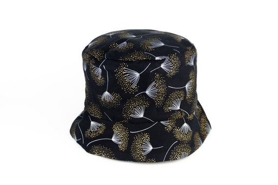 Woman's Black Bucket Hat Gold Bucket 