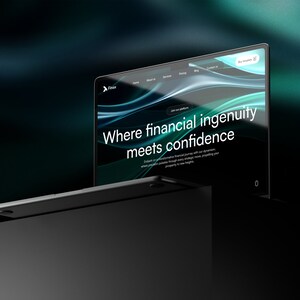 May include: A laptop computer displaying a website with the text "Where financial ingenuity meets confidence". The website has a dark background with a blue and green abstract design.