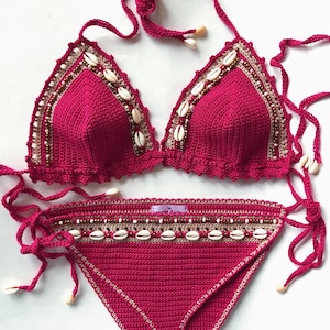 Crochet bikini, boho bikini, sexy bikini, boho style bikini, crochet swimsuit, Crochet bikini set with seashells, Brazilian bikini