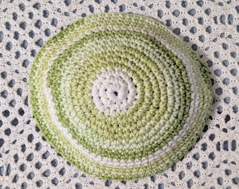 Crocheted Yarmulke Kippot Kippah Frik Cotton White with Shades of Lime Green 8 inches