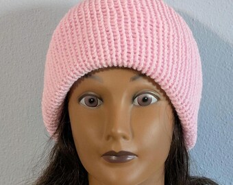 Machine Knit Acrylic Beanie: Double Thick Reversible Winter Hat