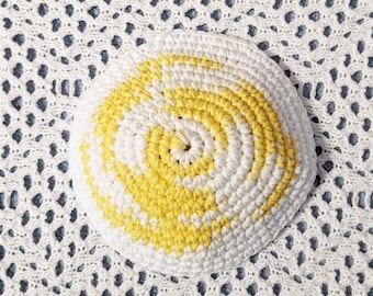 Crocheted Yarmulke Kippot Kippah Frik Cotton Yellow and White   6.5 inches