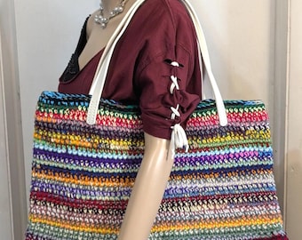 Handmade Multi-Color Crochet Tote Bag with Handles and Snap Closure