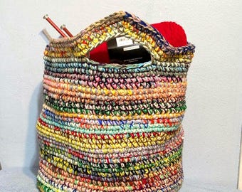 Large Crocheted Storage Basket Colorful Tote Heavy Duty Laundry Bag 17x14