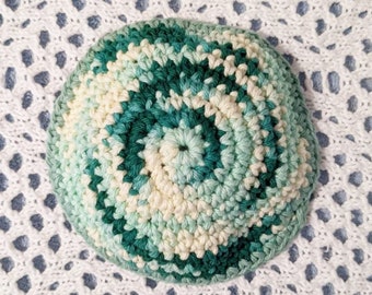 Crocheted Yarmulke Kippot Kippah Frik Cotton Blends of Greens and White 6 inches