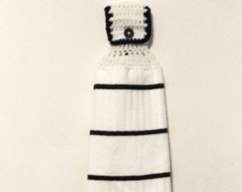 Crochet Top Hanging Kitchen Towel White  with Black Lines