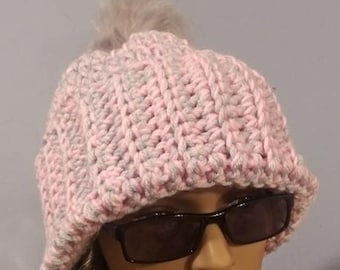 Clearance Special Crochet Adult/Teen Hat Unisex Warm Winter Hat , One Size Fits Most Faux Fur Pom Pom Choose Color Fall Accessories