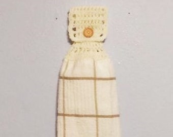 Crochet Top Hanging Kitchen Towel White with Tan Crochet Top Kitchen Towel