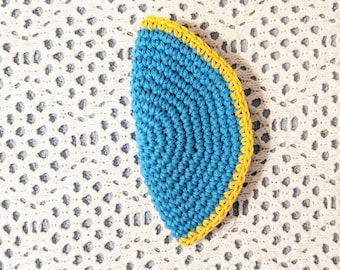 Crocheted Yarmulke Kippot Kippah Frik Cotton Aqua Blue with Yellow Trim  6.5 inches