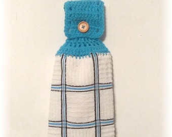 Crochet Top Hanging Kitchen Towel White with Blue Lines Slightly Irregular