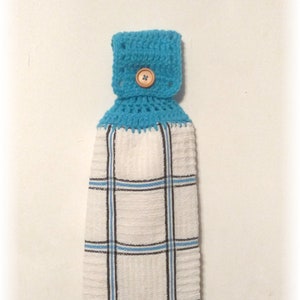 Crochet Top Hanging Kitchen Towel White with Blue Lines Crochet Top Kitchen Towel