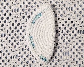 Crocheted Yarmulke Kippot Kippah Frik Cotton White with Aqua Blue 6.5 inches