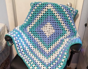 Square Couch Throw Wheelchair Blanket Lapghan Crochet Granny Square Blue Mint Green White Afghan 36 x 36 inches Square