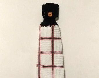 Crochet Top Hanging Kitchen Towel White with Black and Red Lines Black Button Hanging Top Crochet Top Kitchen Towel