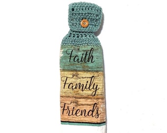 Double Layered Hanging Kitchen Towel Towel Crochet Top With Button Closure- Faith Family Friends
