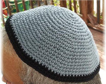 Crocheted Yarmulke Kippot Kippah Frik Cotton Slate Blue Black Trim 10 inches