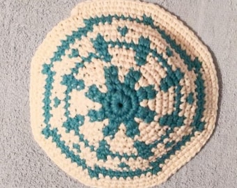 Yarmulke Kippot Kippah Frik Crocheted Cotton Aqua Blue White 9 inches