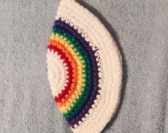 Yarmulke Kippot Kippah Frik Crocheted Cotton White with Rainbow   7.5 inches